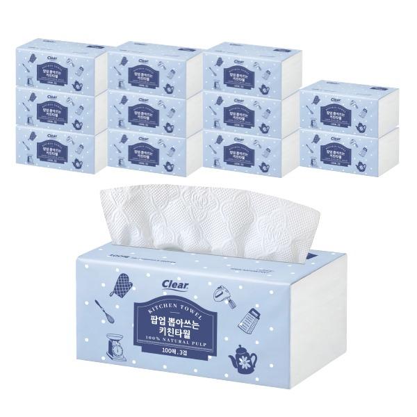 Clear 한장씩 쏙쏙 뽑히는 키친타올, 100매, 3겹, 12팩
