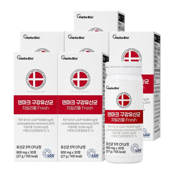 헬로바이오 덴마크 구강유산균 자일리톨 프레시, 900mg, 30정, 6박스